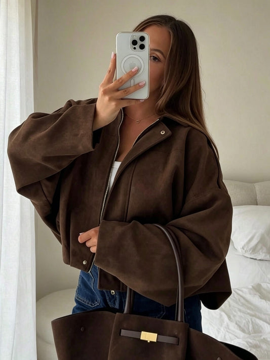 Women’s Casual Solid Color Drop Shoulder Jacket with Zipper