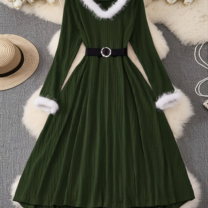 Plus Size - Plus Size, Women'S Elegant Formal Party Dress - Long Sleeve V-Neck with Adjustable Waist Belt, Flared Skirt - Elegant Evening Gown for Christmas, Galas, Weddings - Plus Size Friendly - Black Formal Attire, Formal