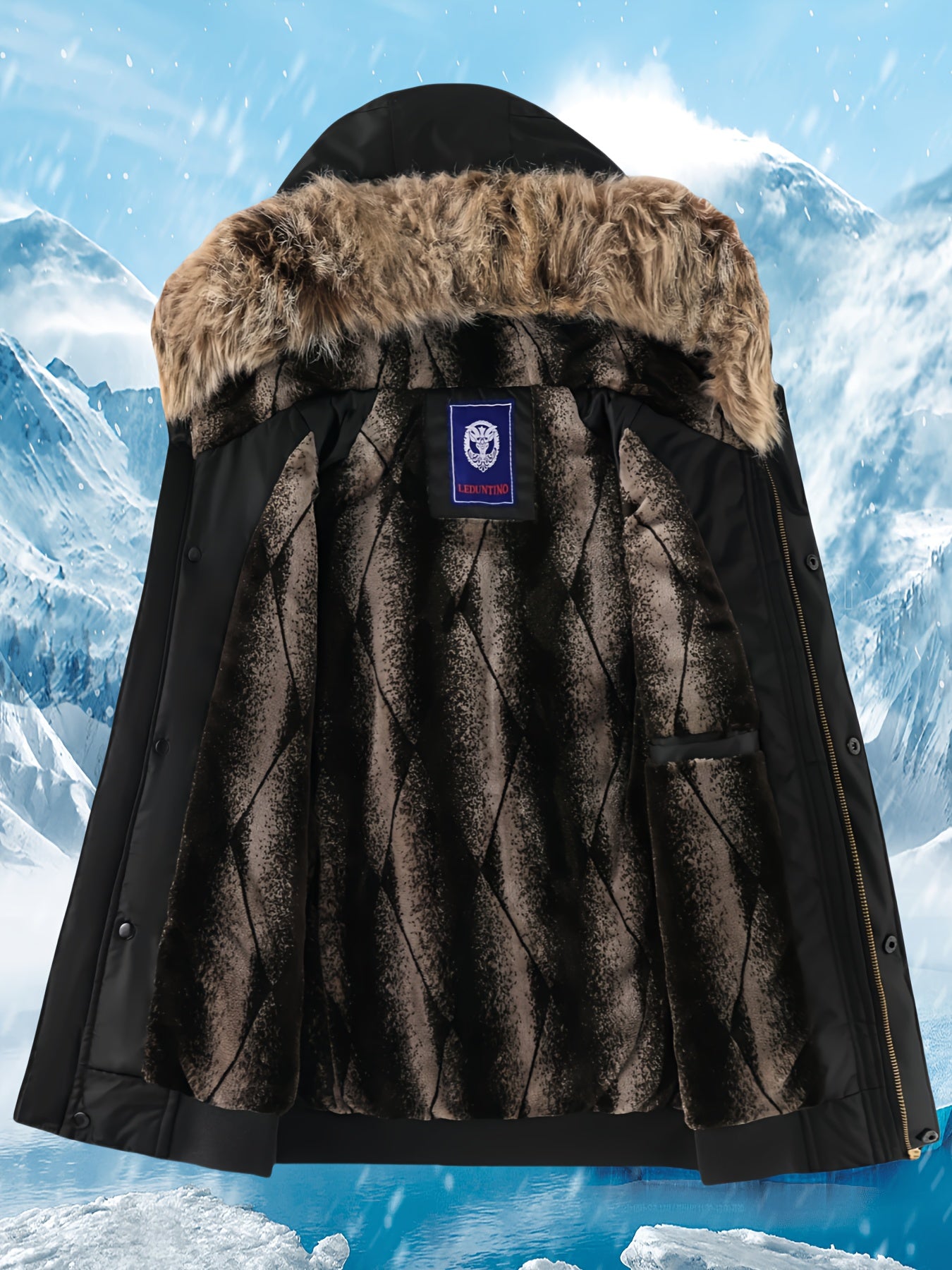 Տղամարդու ձմեռային վերարկու - նոր տաք, գլխարկով բաճկոն՝ ոսկեգույն նախշերով, ազատ չափսի, ցուրտ եղանակի համար նախատեսված ամենօրյա վերնազգեստ, լվացքի մեքենայով լվացվող, հաստ, հարմարավետ փափուկ աստառով