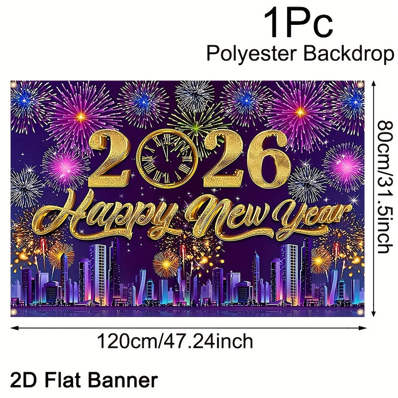 2D Flat, 1pc 2026 Happy New Year Party Backdrop Banner - 80x120cm Polyester Champagne & Cityscape Design, Golden & Purple Fireworks, Festive New Year'S Eve Decor for Home, No Electricity Needed, New Year Decorations, Flag For