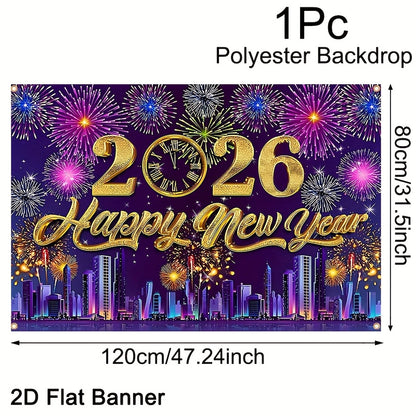 2D Flat, 1pc 2026 Happy New Year Party Backdrop Banner - 80x120cm Polyester Champagne & Cityscape Design, Golden & Purple Fireworks, Festive New Year'S Eve Decor for Home, No Electricity Needed, New Year Decorations, Flag For