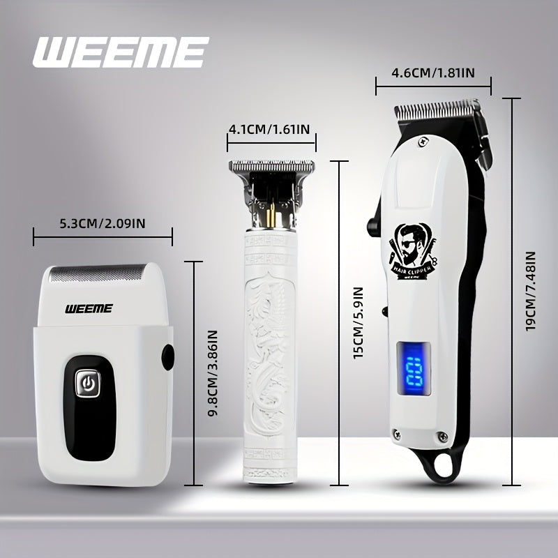 WEEME 3pcs/1Set Men'S Hair Clipper, USB Rechargeable Electric Hair Clipper & Shaver Set with Digital Display, Cordless Hair Trimmer for Home & Salon Use, Perfect Grooming Gift for Men with Smooth Blade, USB Charging, Lithium