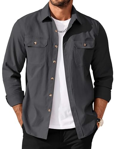 Men's Long Sleeve Button-Up Shirt Jacket with Flap Pockets