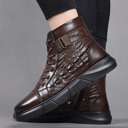 Men'S Versatile High-Top Boots, Featuring a Simple Lace-Up Design And Work Boot Style, with Slip-Resistant, Durable Thick Soles And Crocodile Texture Details, Suitable for Outdoor Travel And Daily Office Wear, Ideal for Use D