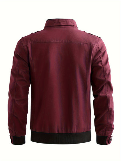 Men's Casual Bomber Jacket, Cotton Stand Collar Windbreaker Jacket With Pockets For Fall Winter