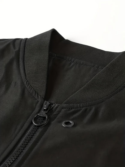 1pc Men'S Casual Stand Collar Bomber Jacket, Solid Color Long Sleeve Non-Stretch Woven Acetate with Pockets, Polyester Lined Zip-Up Lightweight Outerwear for Spring/Fall