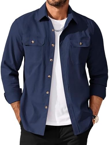 Men's Long Sleeve Button-Up Shirt Jacket with Flap Pockets