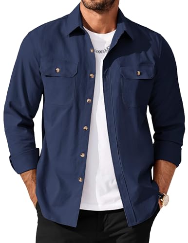 Men's Long Sleeve Button-Up Shirt Jacket with Flap Pockets
