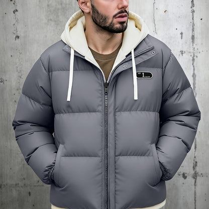 Men's Autumn and Winter Casual Fashion Faux Two-Piece Outerwear, Trendy Thickened Warm Comfortable Hooded Jacket