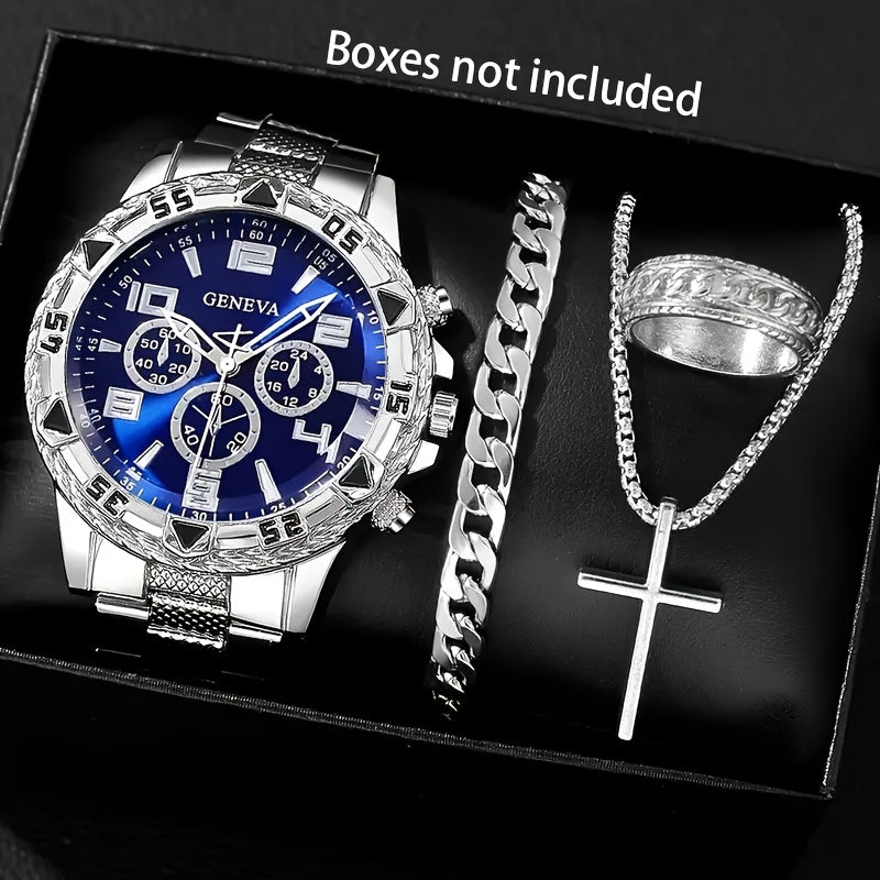 A Set of 4 Elegant Men'S Business Stainless Steel Quartz Watches, Featuring Stainless Steel Straps, Analog Display, And Accompanied by a Bracelet, Ring, And Necklace, Making It The Perfect Gift for Valentine'S Day, Easter, An