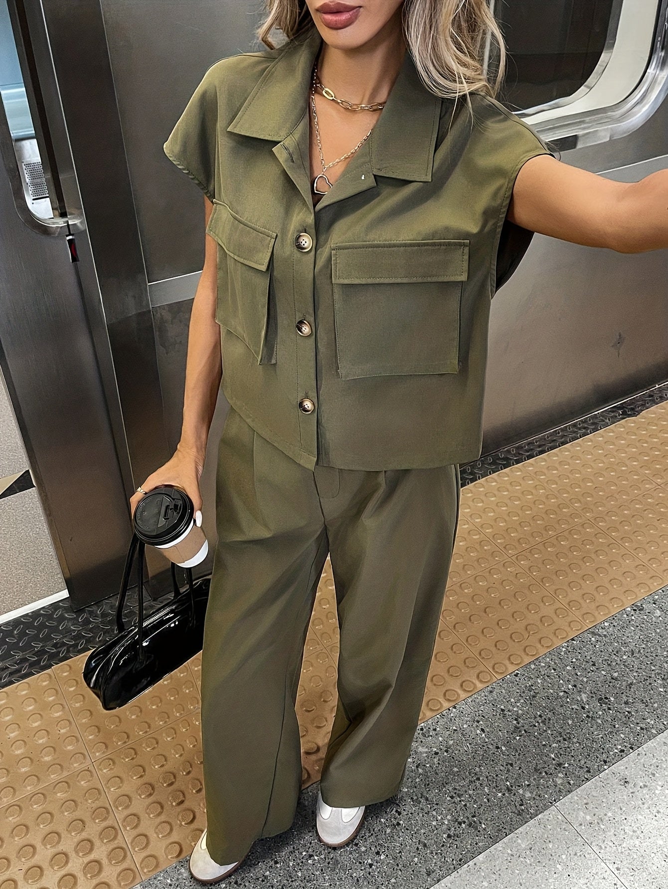 Women's Casual Solid Color Shirt and Pants 2pcs Set, Spring Summer 2pcs Set: Solid Color Button-Up Short Sleeve Top and Pocket Pants, Women's Casual Elegant Spring Summer 2pcs Outfit, Women's Outing and Date Wear, Spring Summ - ayq