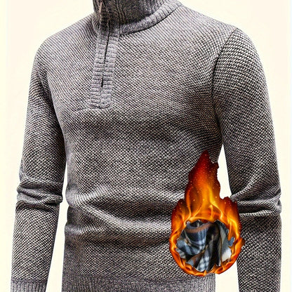 Men's Fleece-Lined Warm Knit Sweater - Autumn/Winter, Solid Color with Stand Collar & Short Zipper Placket, Long Sleeve, Polyester - Ideal for Hiking, Cycling & Casual Attire, Winter Sweater