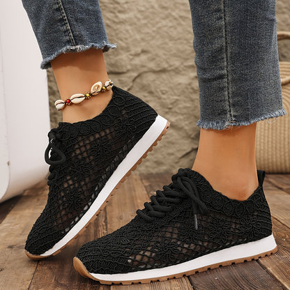 Women's Summer Solid Color Lace-Up Mesh Casual Shoes, Breathable Fabric with Rubber Sole, Net Fabric