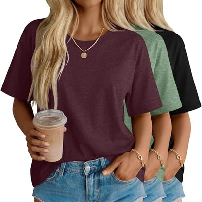 Women's Cotton Oversized Half Sleeve Crew Neck Tees - 3 Pack