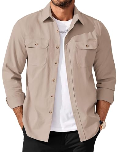 Men's Long Sleeve Button-Up Shirt Jacket with Flap Pockets