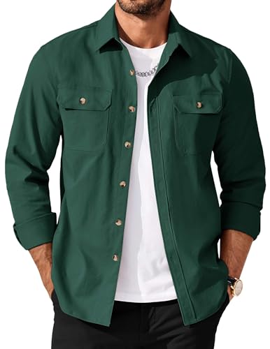 Men's Long Sleeve Button-Up Shirt Jacket with Flap Pockets