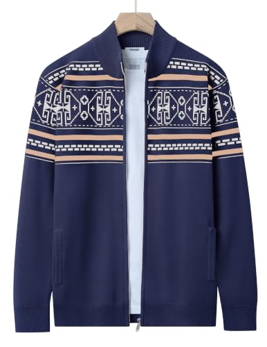 Men's Full Zip Mock Neck Cardigan Sweater with Pattern