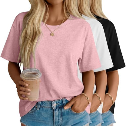 Women's Cotton Oversized Half Sleeve Crew Neck Tees - 3 Pack
