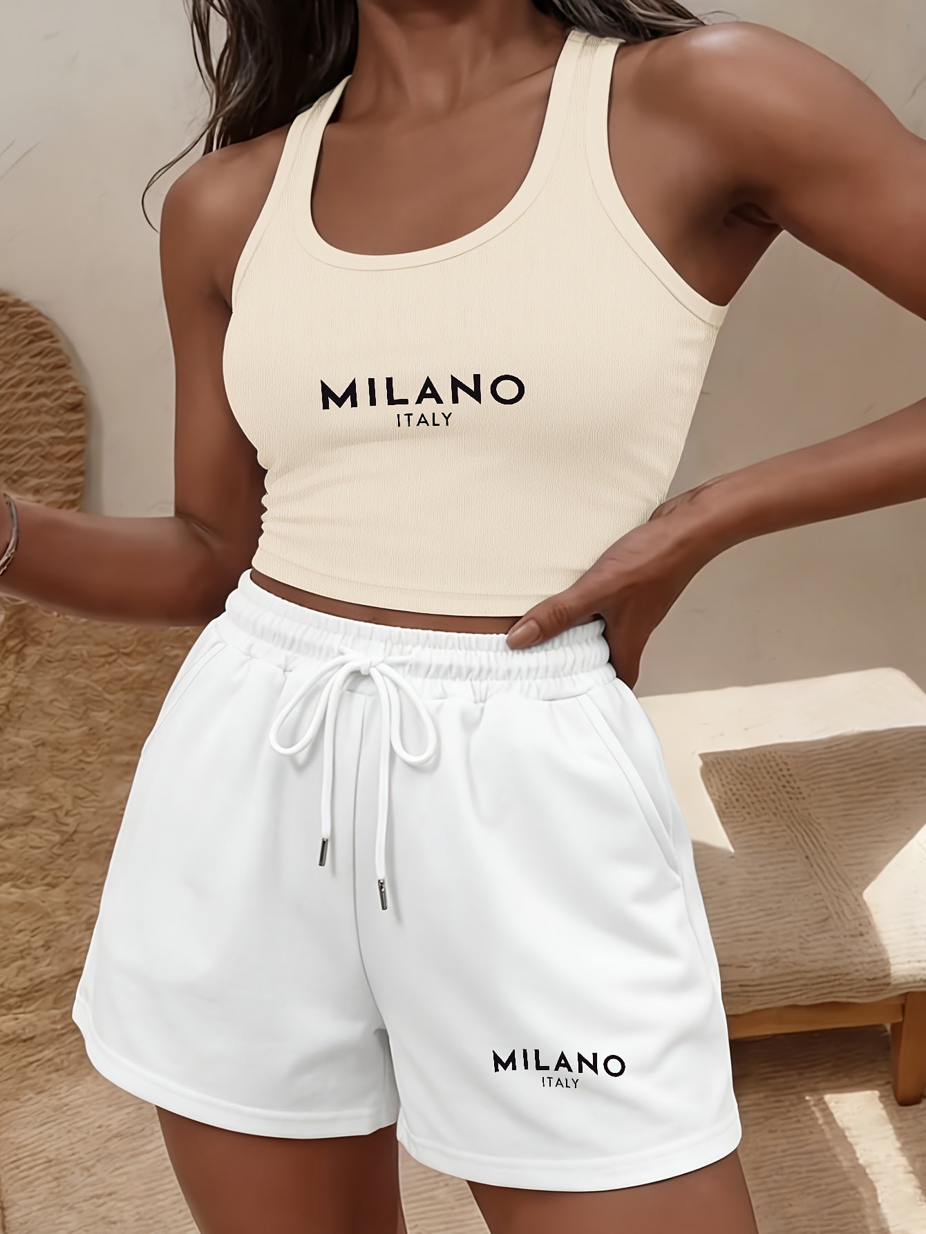 Women's Casual Sleeveless Crop Top & Drawstring Shorts Set