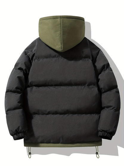 Men's Autumn and Winter Casual Fashion Faux Two-Piece Outerwear, Trendy Thickened Warm Comfortable Hooded Jacket