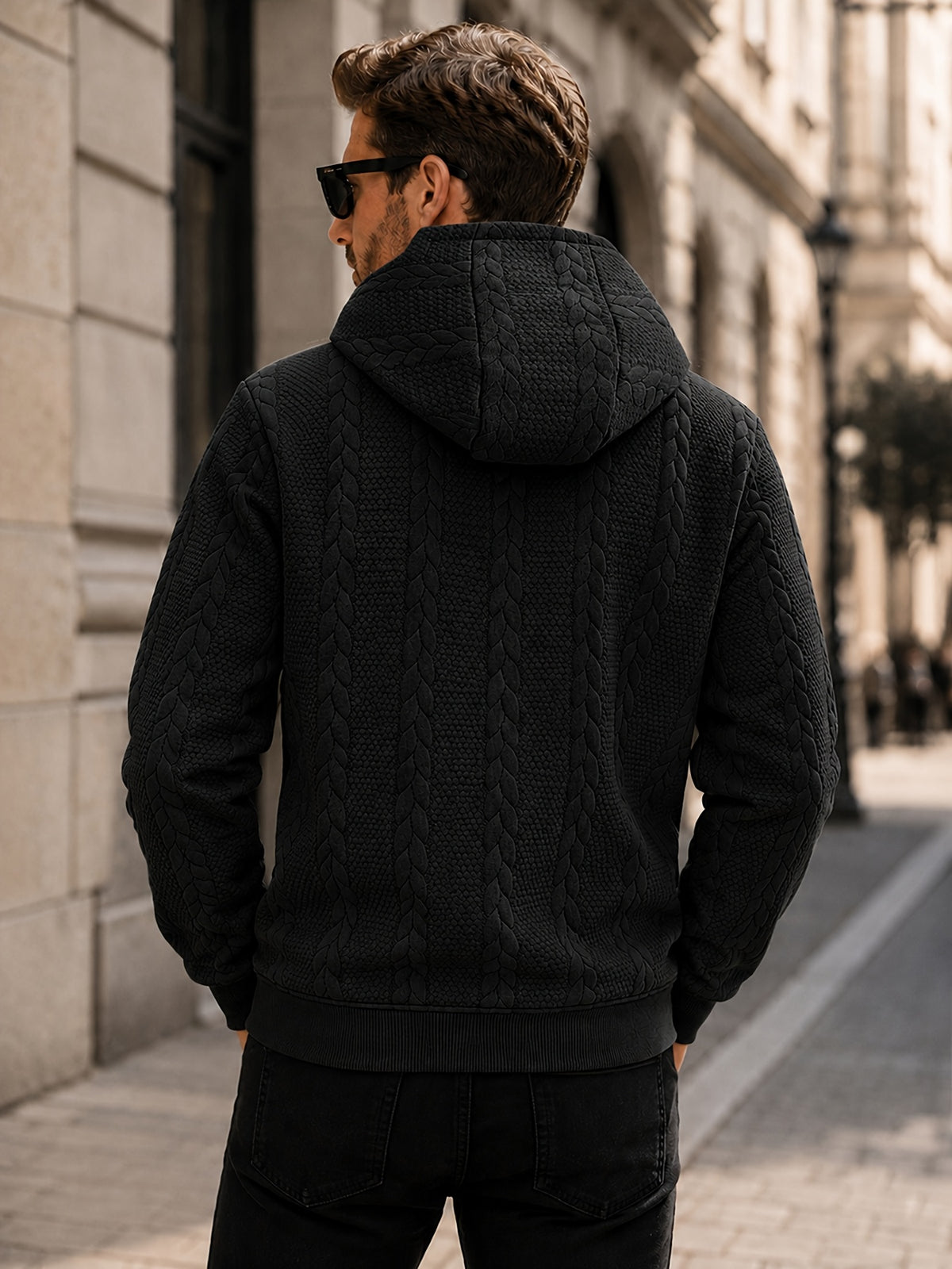 Men's Thickened Hooded Jacket with Cable Knit Embossing