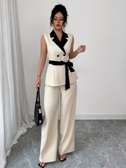 Elegant Sleeveless Blazer & Wide-Leg Pants Set for Women - Chic Black & White Two-Tone with Bow Tie Waist, Perfect for Office or Casual Outfits, Office Attire|Sleek Formal Attire|Polyester Fabric