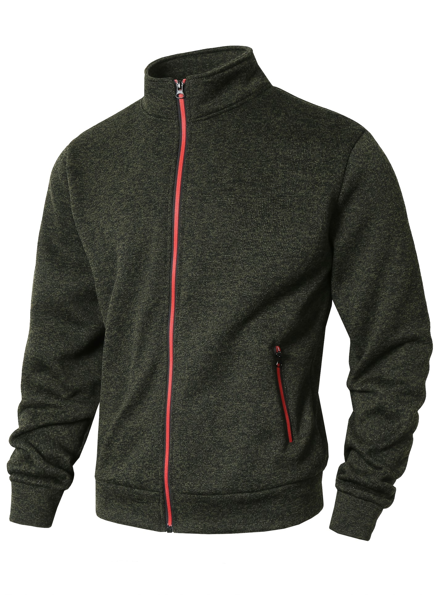 Men's Sporty Full-Zip Stand Collar Sweatshirt - Long Sleeve Casual Pullover with Neon Green Accents, Solid Color Non-Stretch Fabric, Regular Fit for Fall Winter