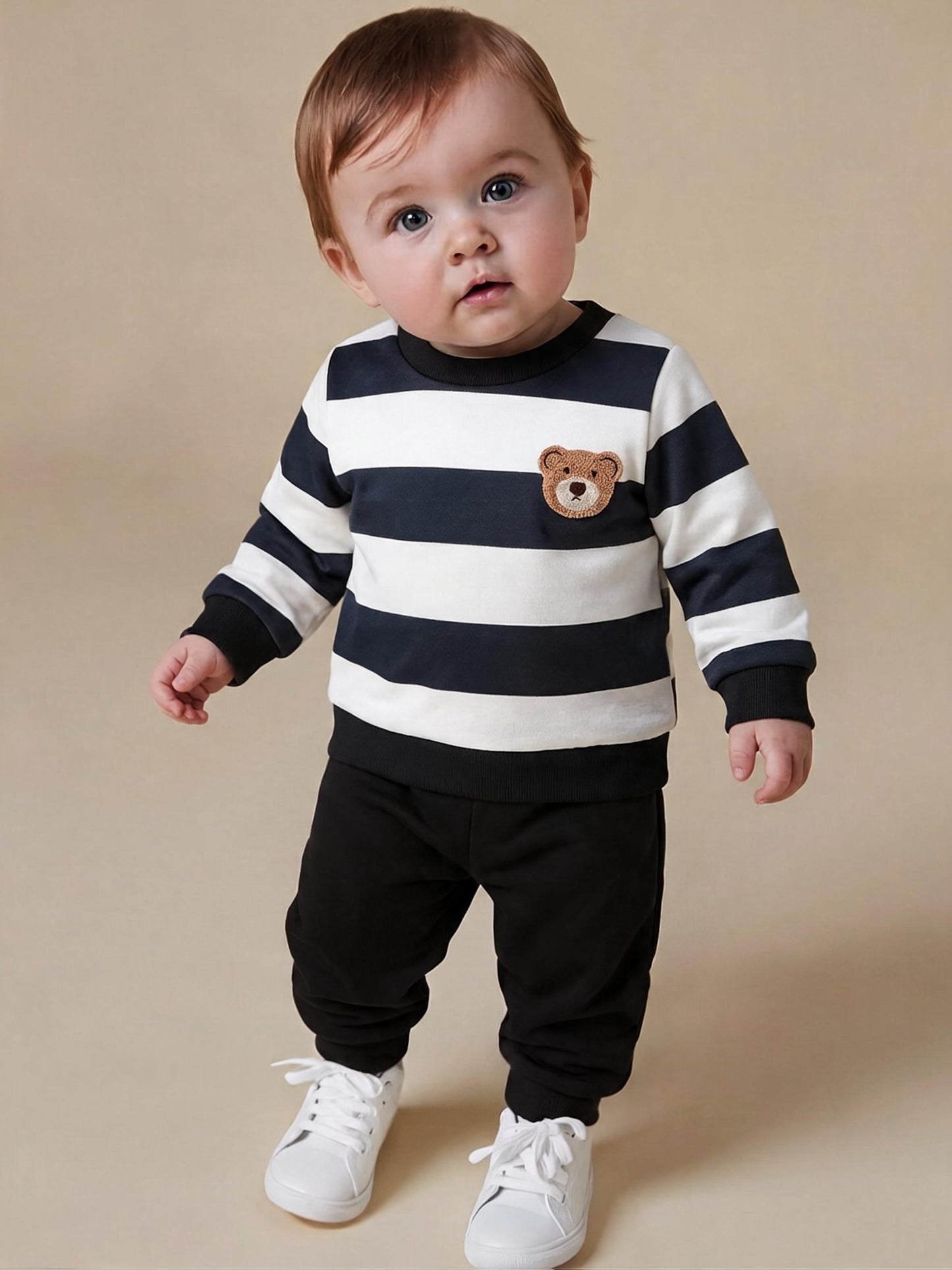 Baby Boy Fall Winter Striped Velvet Sweatshirt and Pants Set
