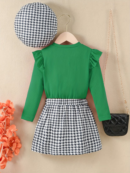 Youngsters Girls Ruffle Tee &amp; Houndstooth պրինտ կիսաշրջազգեստ և գլխարկ