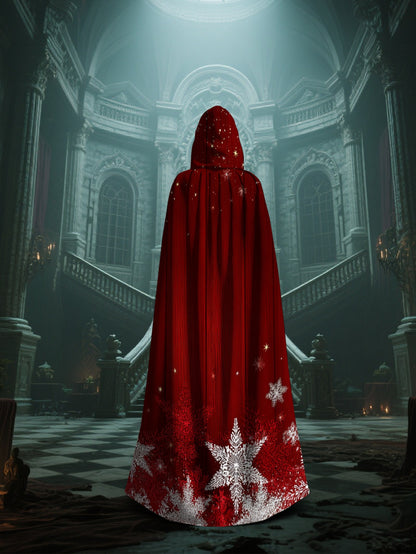 1pc Red & White Snowflake Cape with Hood - Long Flowing Winter Costume for s &, Christmas Party Costume, New Year's Eve Outfit, Themed Events - Machine Washable 100% Polyester Coat (Star Pattern Back), 2D Flat
