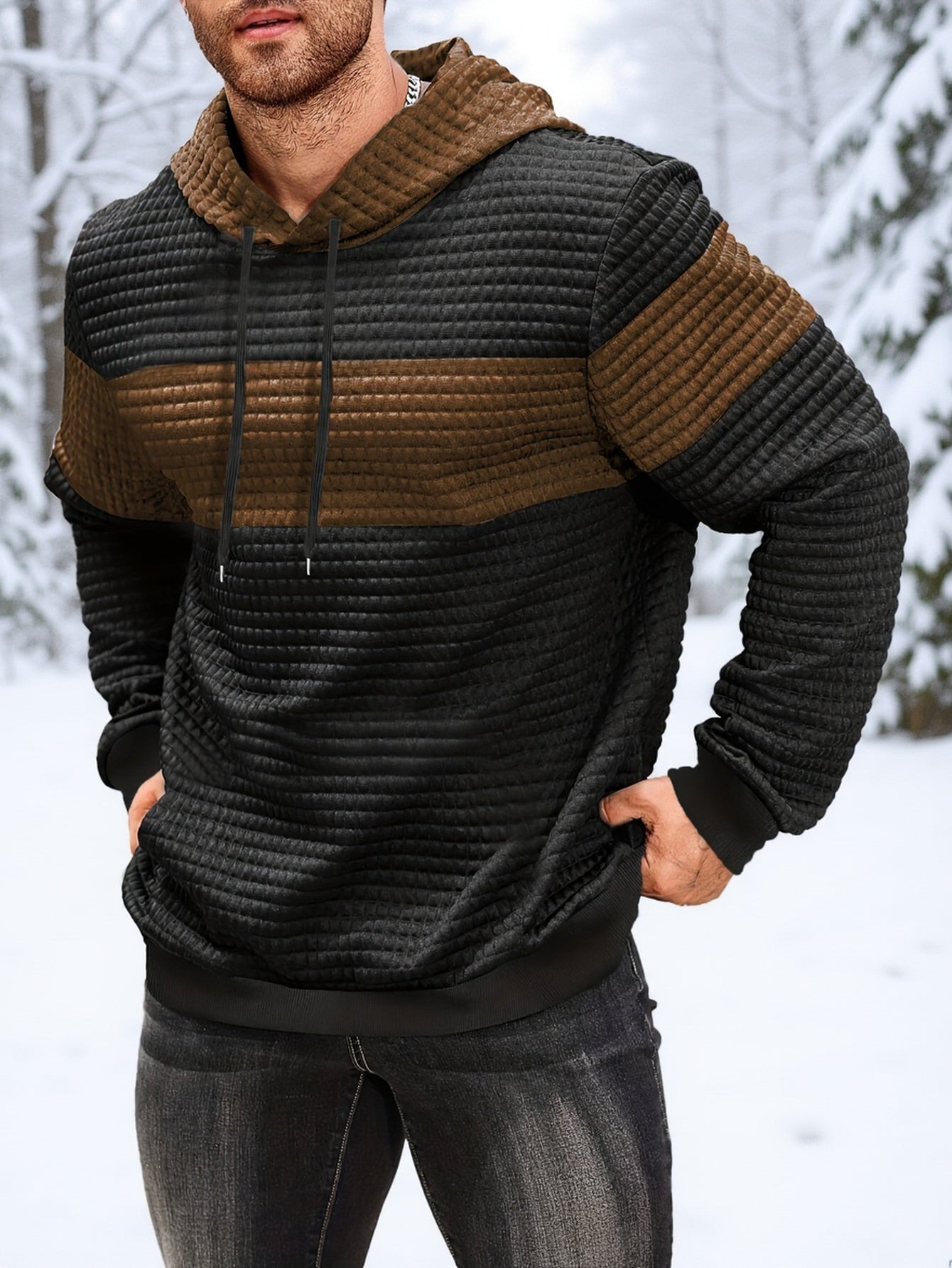 Նորաձև գլխարկով սվիտեր | Տղամարդու առօրյա սվիտեր թեթևակի ձգվող գործվածքից, երկար թևքերով, գրպանային դետալներով, միագույն նախշերով՝ գարուն/աշուն