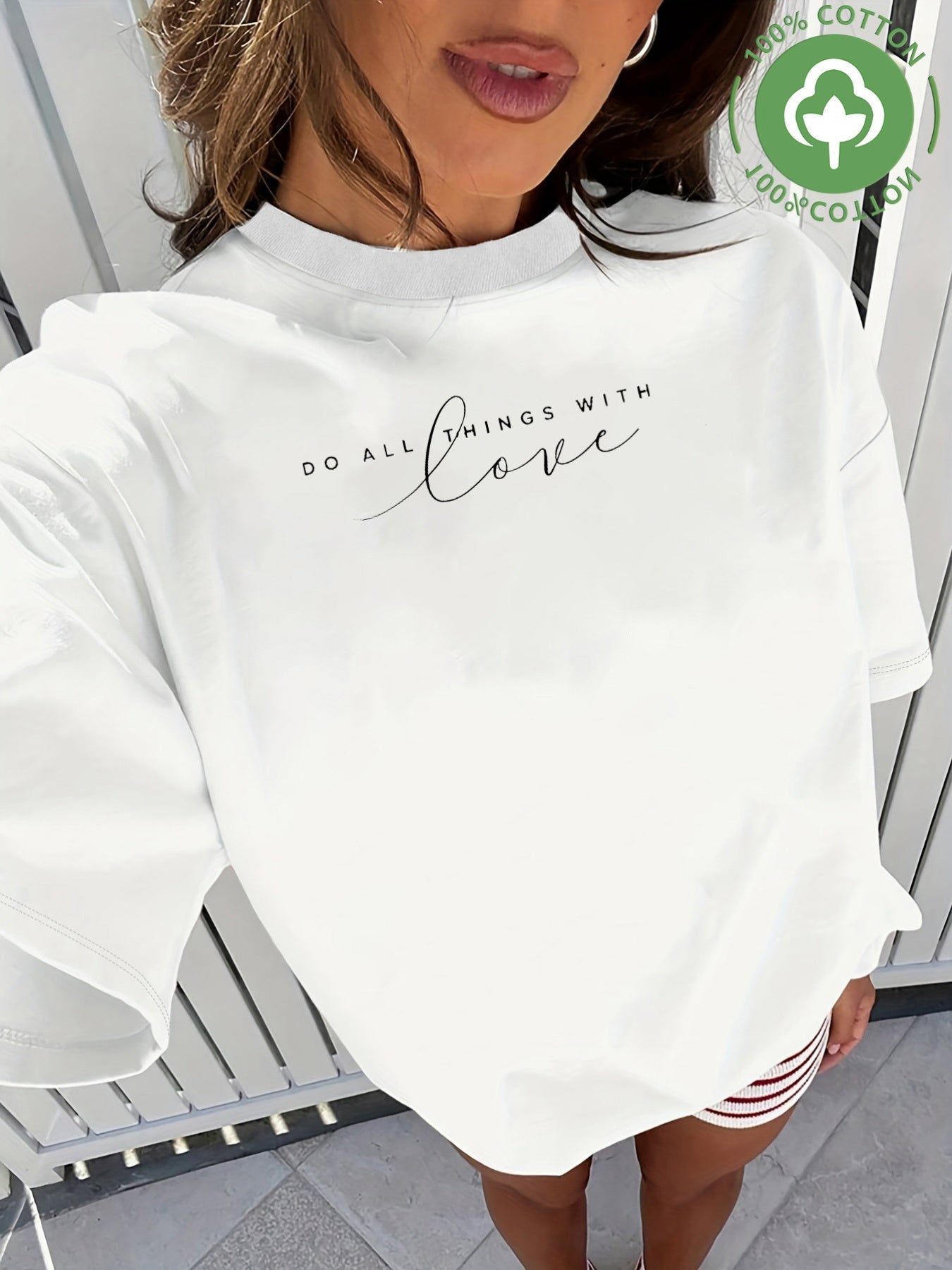 Women's Casual Loose Cotton T-Shirt with Love Lettering Print