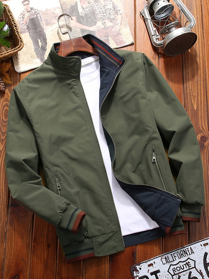 Men'S Stylish Beige Bomber Jacket with Red & Blue Trim - Double-Sided, Metal Zipper, Casual & Formal Wear, Perfect Gift for Husband or Boyfriend, Casual Outerwear | Doubleside Jacket | Polyester Lining