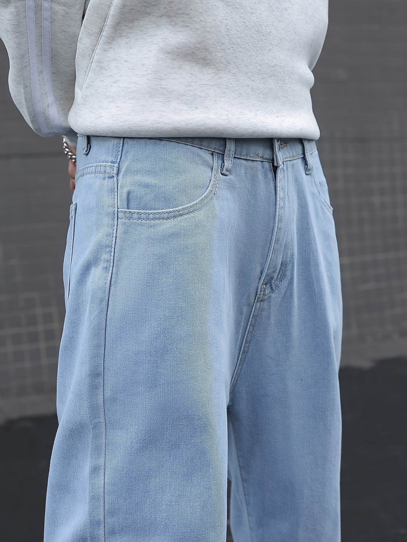 Men's Loose Solid Denim Pants With Pockets, Causal Cotton Blend Jeans For Outdoor Activities