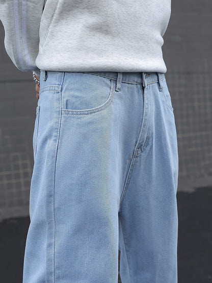 Men's Loose Solid Denim Pants With Pockets, Causal Cotton Blend Jeans For Outdoor Activities