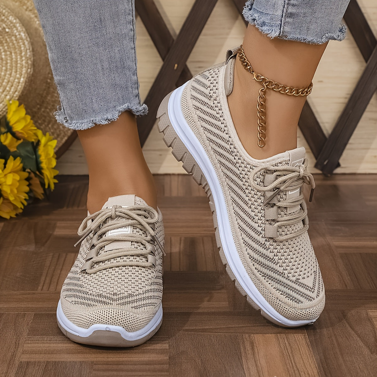 Women'S Knit Casual Sneakers - Stylish Striped Weave Pattern, Breathable Non-Slip Comfort Shoes with Rubber Sole for Outdoor Wear