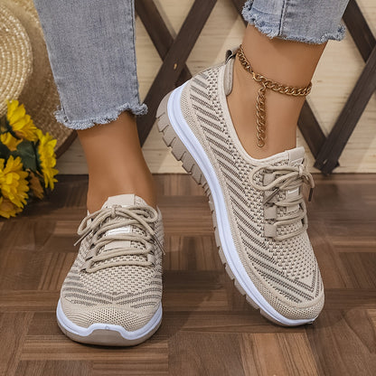 Women'S Knit Casual Sneakers - Stylish Striped Weave Pattern, Breathable Non-Slip Comfort Shoes with Rubber Sole for Outdoor Wear