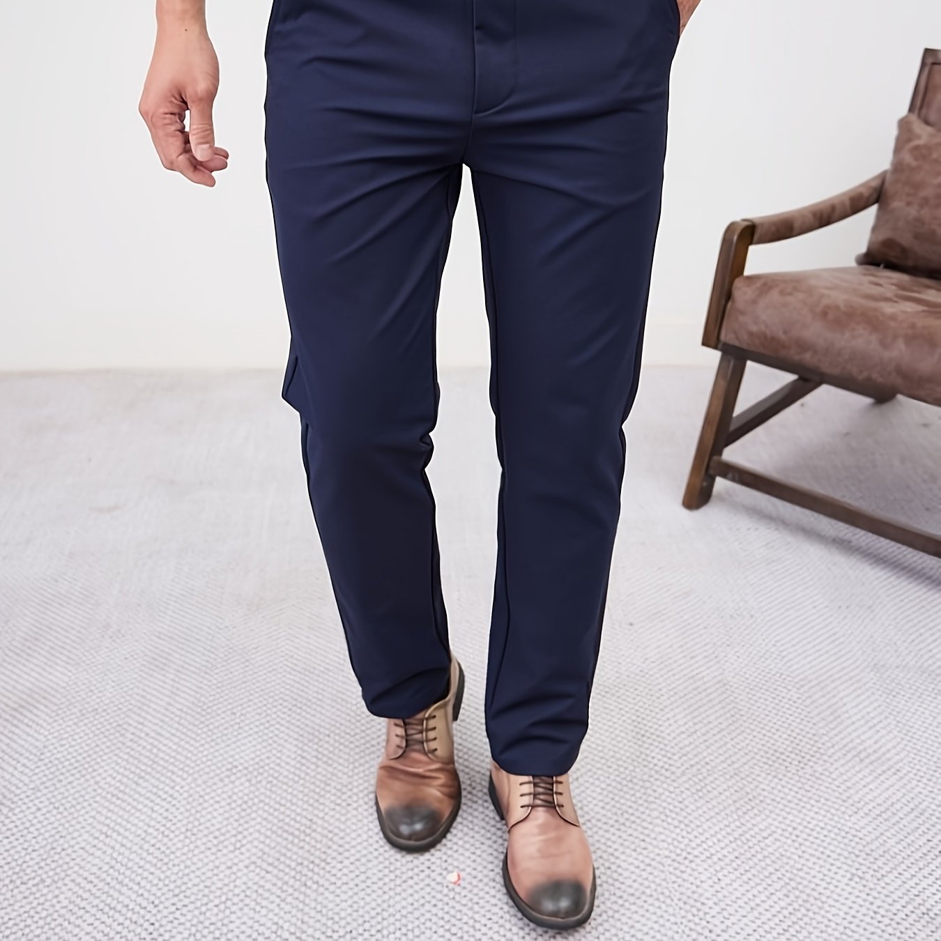 Men'S Casual Solid Color Regular Length Slight Stretch Woven Fabric Pants for Adult
