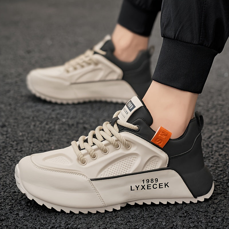 LYXCEK Men's Summer Casual Running Shoes - Trendy Chunky Sneakers with Height Boost, Black  Beige, Lace-Up, Breathable Fabric Lining, Non-Slip PVC Sole, Fit