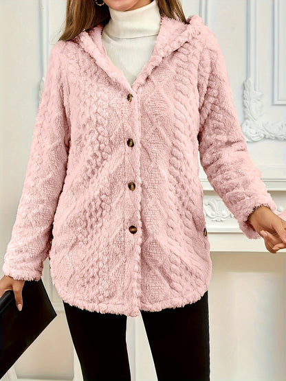 Elegant Pink Faux Fur Coat for Women - Chic Button-Front Hooded Jacket with Sleek Collar, Long Sleeves, and Ribbed Detailing - Perfect for Fall & Winter, Hand or Dry Clean Only