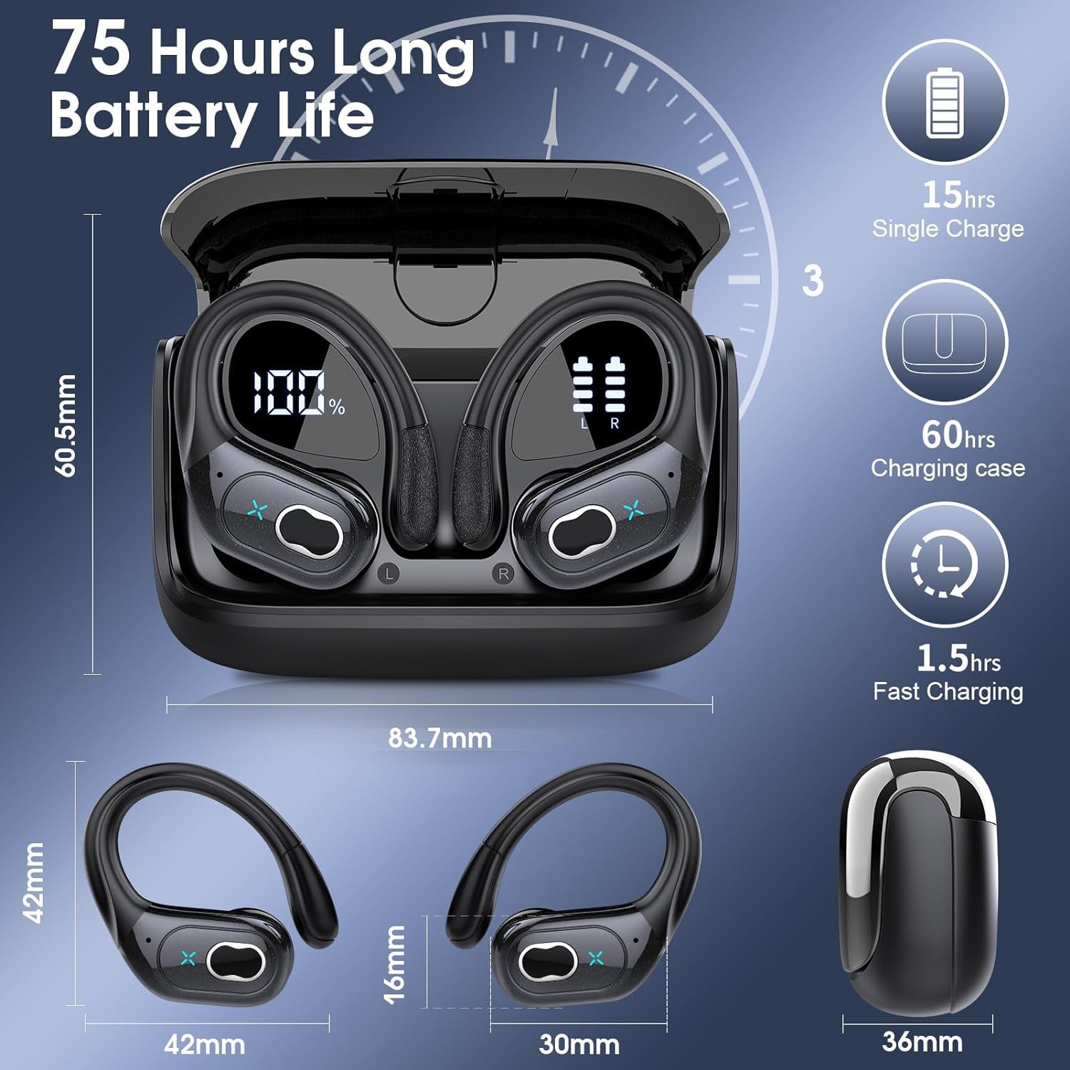 Wireless Earbuds 75Hrs Bluetooth 5.4 Headphone Sport, 2025 Bluetooth Earbuds Stereo Deep Bass over Ear Bud with Earhooks, ENC Noise Cancelling Mic, IPX7 Waterproof Earphone for Workout/Running