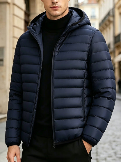 Men's Casual Hooded Padded Coat - Warm Polyester Outerwear