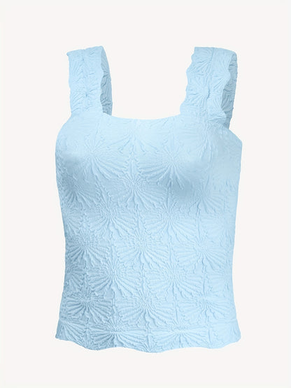 Women's Fashion Cami Tank Top With Jacquard Floral, Wide Shoulder Strap Square Neck Tank Top, Women's Activewear