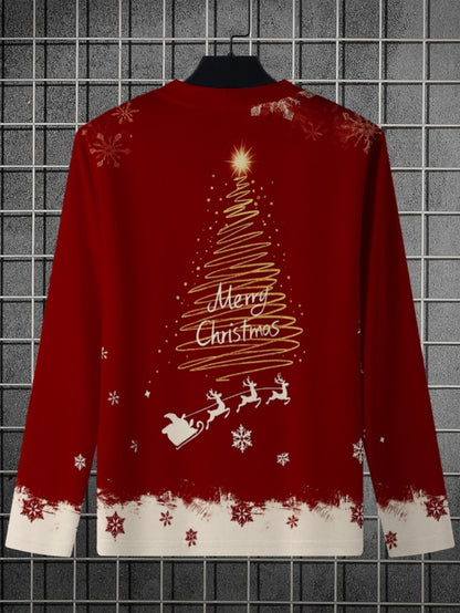 Men'S Christmas 3D Print Long Sleeve T-Shirt - Red & Snowflake & Merry Christmas Lettering, Round Neck Winter Warmth, Casual Holiday Party Outfit, Christmas T Shirt, Seasonal Clothing, Festive Design, Comfortable Fit, Holiday