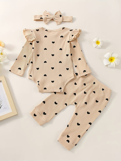 3pcs Baby Girl Outfit Set, Cute Ribbed Ruffle Long Sleeve Romper & Pants, 95% Cotton 5% Spandex, Crew Neck Pullovers, Solid Color, Regular Fit, No Belt, Fall/Winter Knit Fabric, 0-18 Months, for Outdoor
