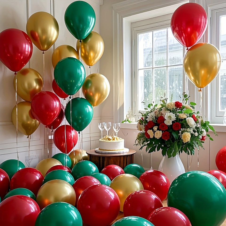 50pcs Red, Green, Golden Metal Balloon Set, 10-Inch Latex Balloons. Perfect for Birthday, Wedding, Thanksgiving, Christmas, New Year Decorations and Party Setup, Suitable For Winter Party Decorations, Anniversary Decorations,