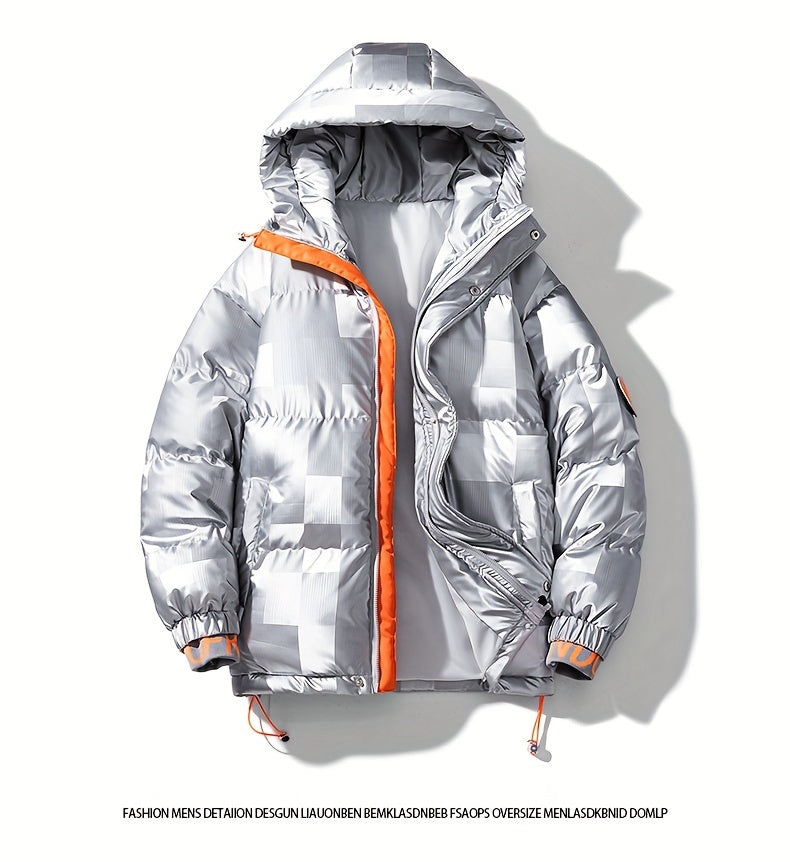 Men's Checkered Graphic Print Padded Outwear With Pockets, Casual Zip Up Long Sleeve Warm Hooded Outwear For Winter Outdoor Activities