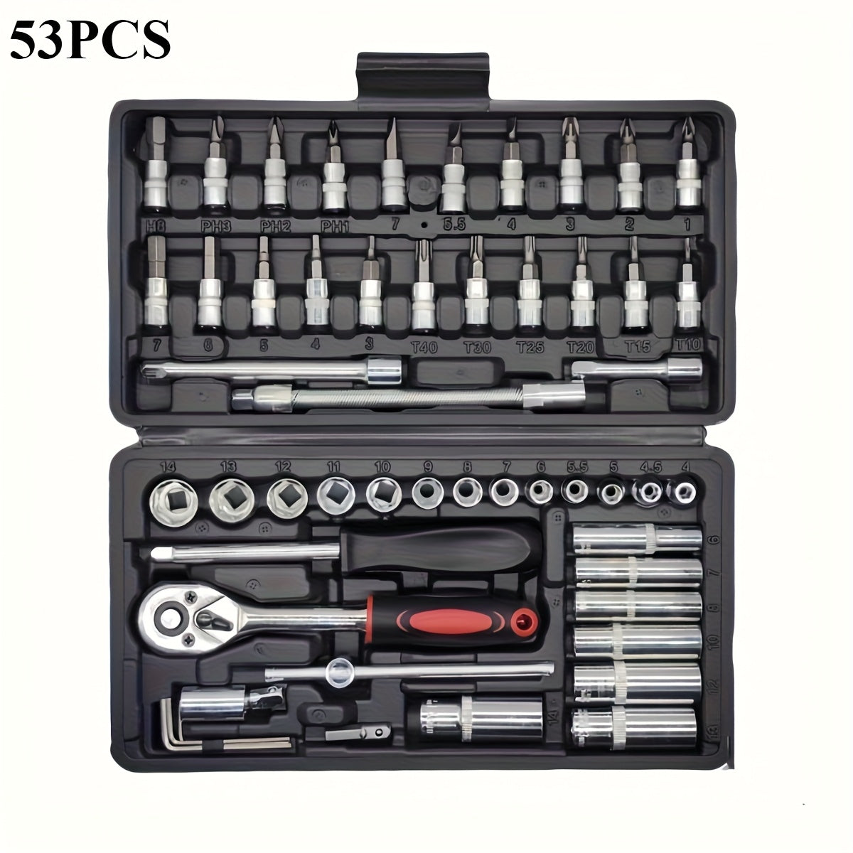 53pcs -in- Heavy-Duty Multi-Tool Kit Suitable for Car & Motorcycle Repair - Chrome-Vanadium Manual Tool Set with 53 Tools (Wrenches, Sockets,) in Black Case for Mechanics, DIY, Auto Maintenance