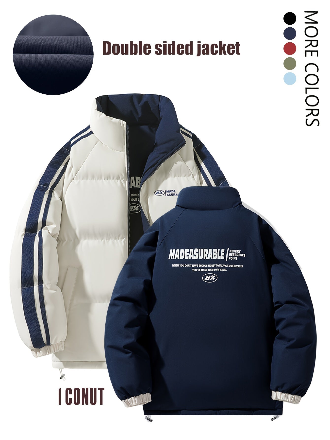 Տղամարդու երկկողմանի ձմեռային բաճկոն՝ հաստացված, կանգուն օձիքով, կայծակաճարմանդով և «MADEASURABLE» և «I CONUT» գրությամբ, սև և սպիտակ, սովորական չափսի՝ աշնանային և ձմռան համար, աշնանային վերնազգեստ, համարձակ գրություն, դիմացկուն գործվածք
