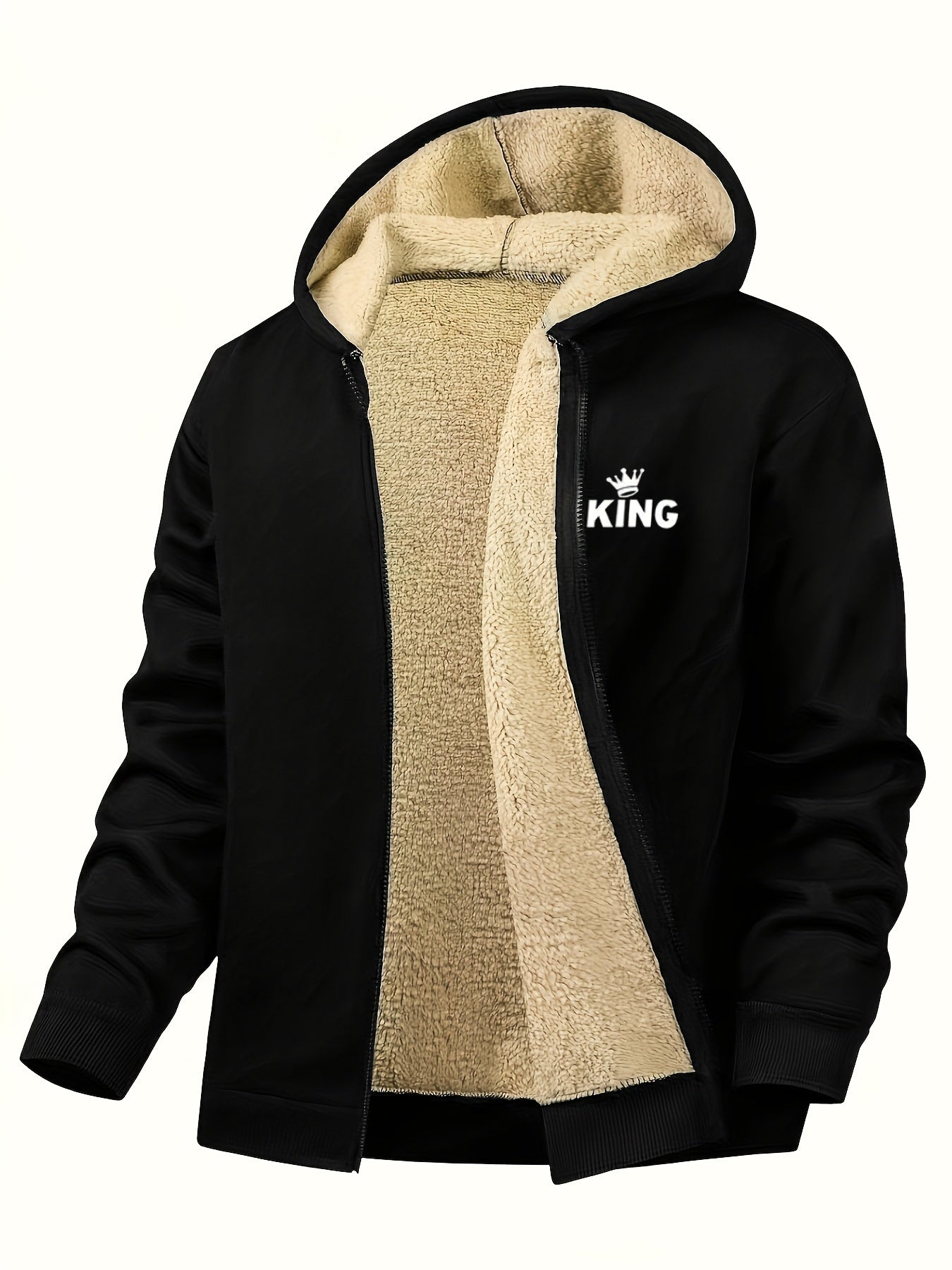 Առօրյա գլխարկով բրդյա բաճկոն «KING» նախշով, կայծակաճարմանդով, երկար թևքերով, սովորական չափսի, աշուն/ձմեռ բացօթյա սպորտաձևերի համար նախատեսված վերարկու, առօրյա վերարկու, դեռահասի համար, դեռահասի համար, դեռահասի համար